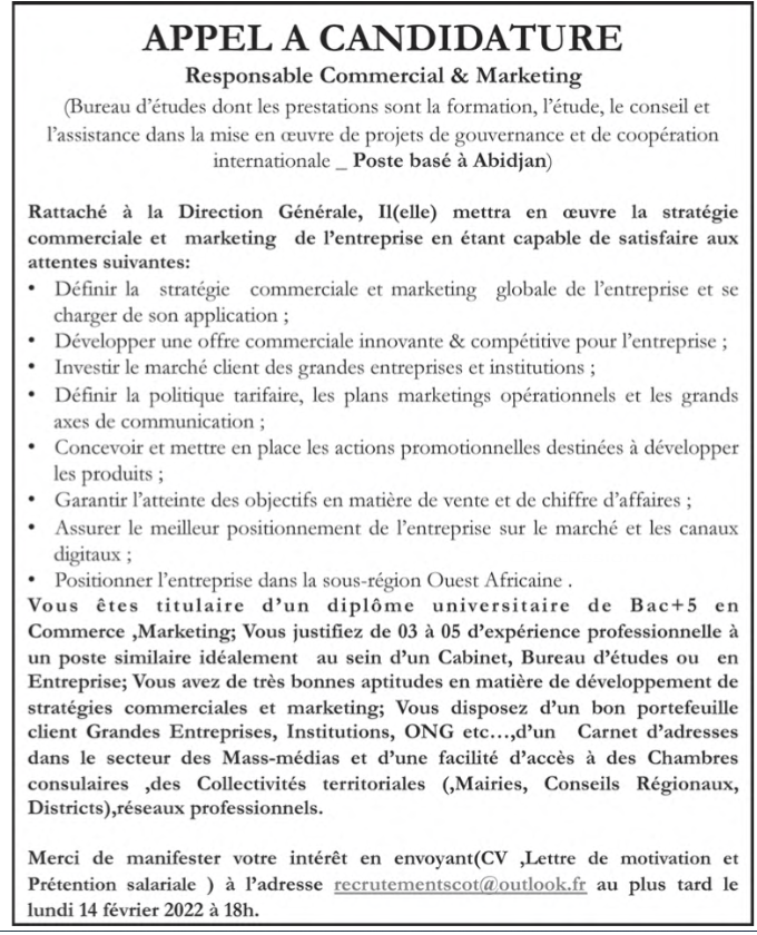 Recrutement de 01 Responsable Commercial & Marketing